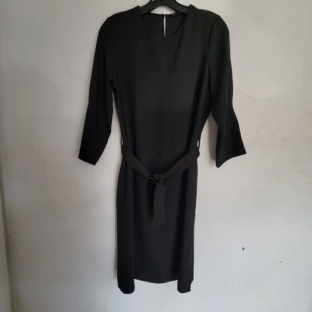 Zara Black 3/4 Sleeve Belted Career Sheath Dress Size Medium
